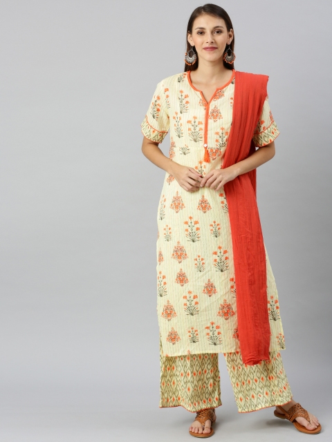 

Shakumbhari Women Yellow & Orange Printed Kurta with Palazzos & Dupatta