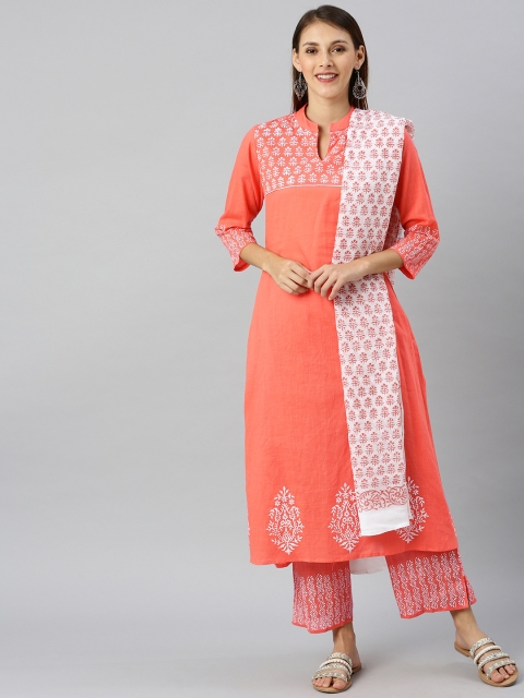 

Shakumbhari Women Peach-Coloured & White Printed Kurta with Palazzos & Dupatta