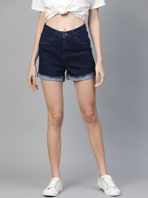 

Mast & Harbour Women Navy Blue Solid High Rise Regular Fit Denim Shorts
