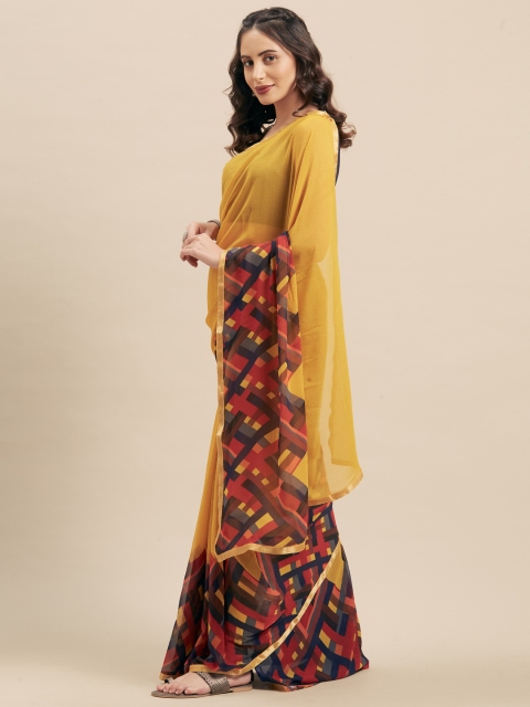 

KALINI Mustard Yellow & Maroon Poly Georgette Printed Saree