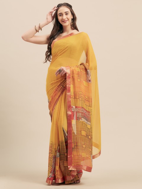 

KALINI Yellow Printed Poly Georgette Saree
