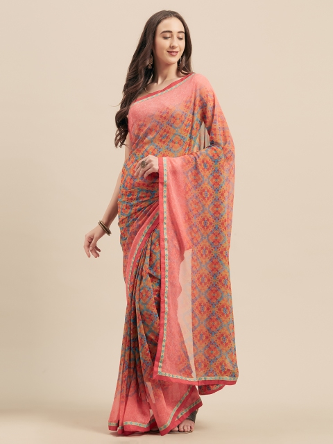 

KALINI Peach-Coloured & Blue Poly Georgette Printed Saree