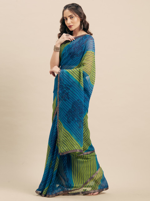 

KALINI Blue & Green Poly Georgette Striped Saree
