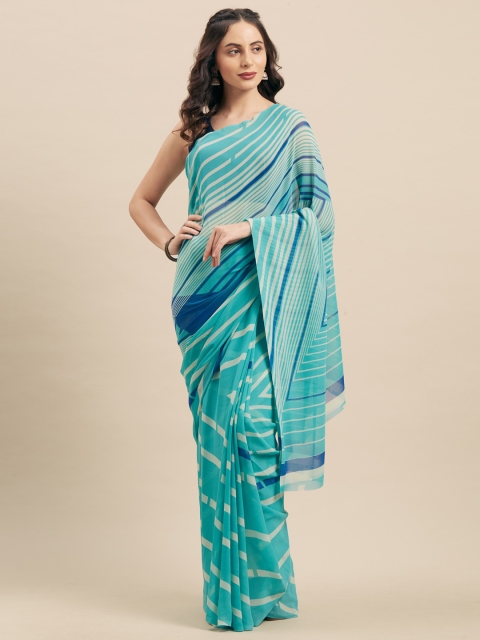 

KALINI Turquoise Blue Striped Poly Georgette Saree