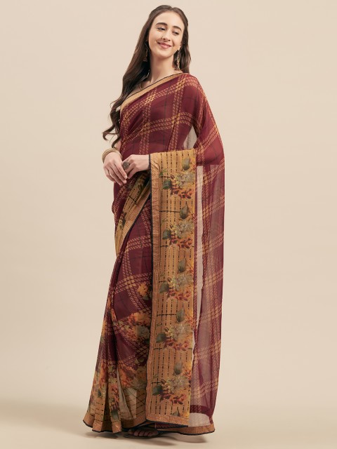 

Women's Printed Georgette Maroon Saree With Unstitched Blouse