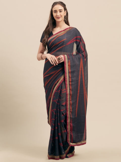 

KALINI Grey & Red Poly Georgette Striped Saree
