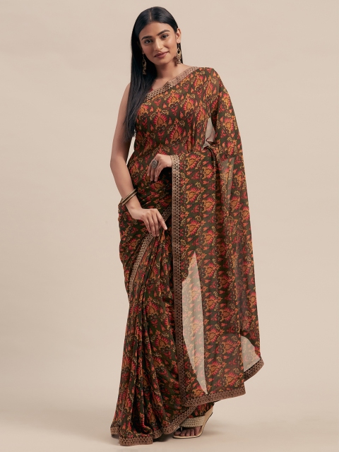 

KALINI Olive Green & Red Poly Georgette Printed Saree