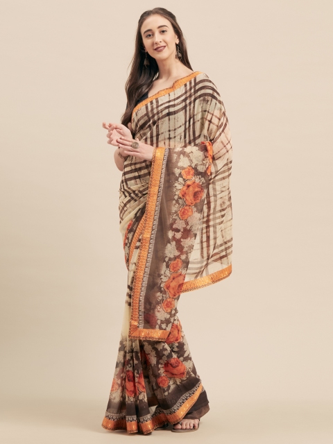 

KALINI Cream-Coloured & Brown Poly Georgette Printed Saree