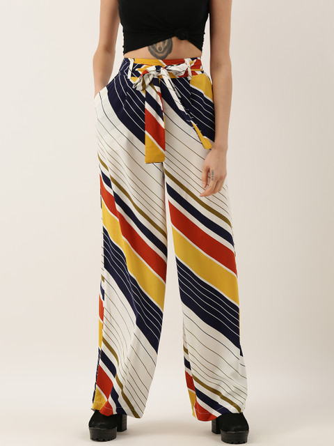 

FOREVER 21 Women Off-White & Navy Blue Regular Fit Striped Parallel Trousers