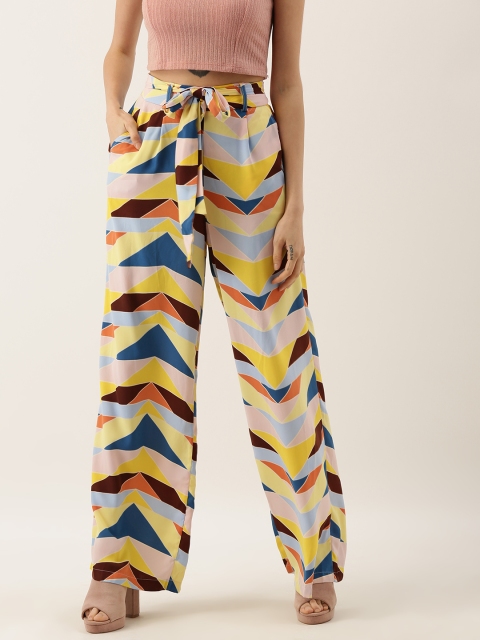 

FOREVER 21 Women Yellow & Blue Regular Fit Geometric Printed Parallel Trousers