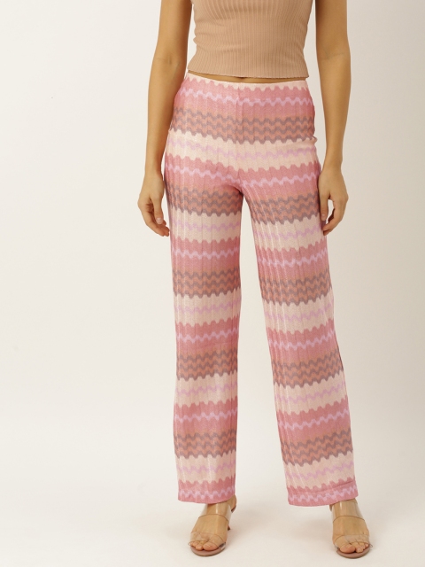 

FOREVER 21 Women Pink & Beige Regular Fit Chevron Patterned Trousers