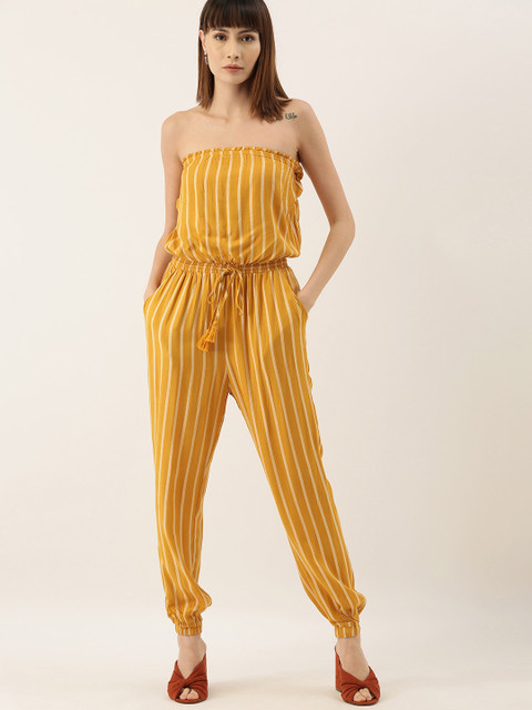 

FOREVER 21 Women Mustard Yellow & Off-White Striped Basic Jumpsuit with Waist Tie-ups