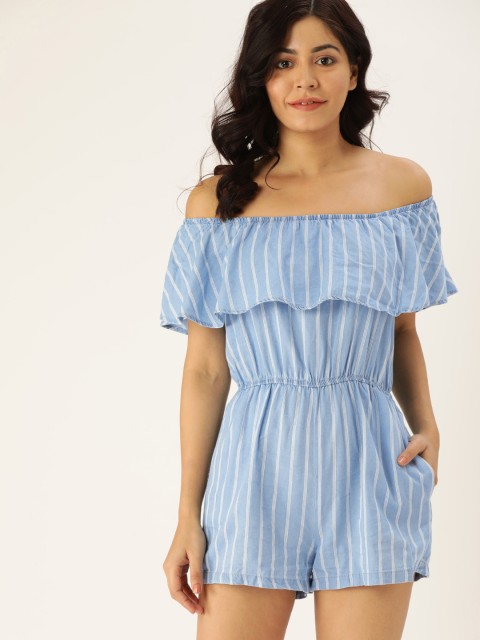 

FOREVER 21 Women Blue & White Striped Basic Jumpsuit