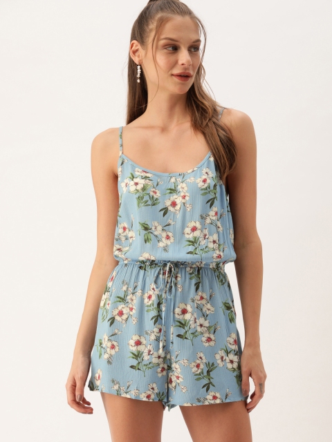 

FOREVER 21 Women Blue & White Printed Playsuit