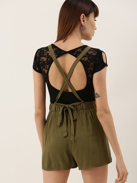 

FOREVER 21 Women Olive Green Solid Playsuit with Gathers & Tie-Ups