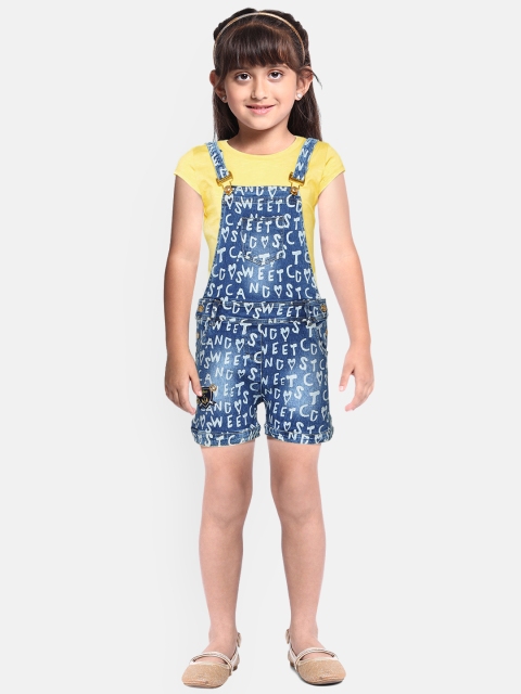 

Peppermint Girls Yellow & Blue Printed Dungarees with T-Shirt