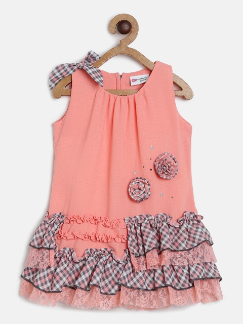 

Peppermint Girls Peach-Coloured & Grey Solid A-Line Dress