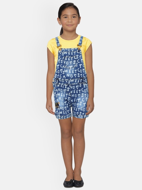 

Peppermint Girls Yellow & Blue Printed Dungarees with T-Shirt
