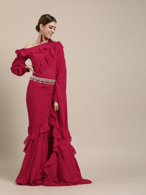 

Inddus Pink Solid Poly Georgette Ruffled Saree