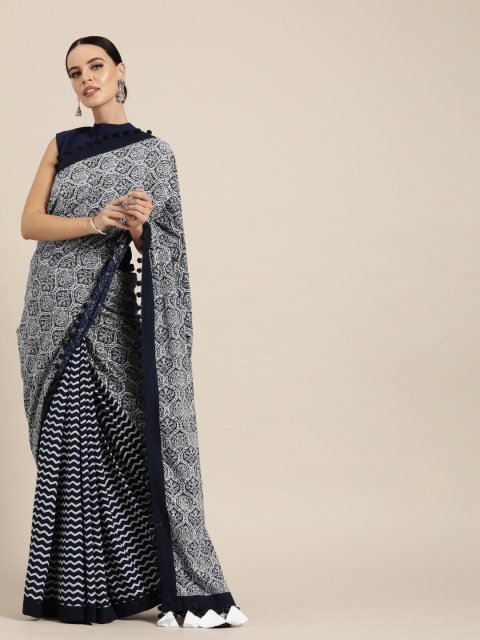 

Inddus Navy Blue & Off-White Cotton Blend Indigo Printed Saree With Pom-Pom Detailing