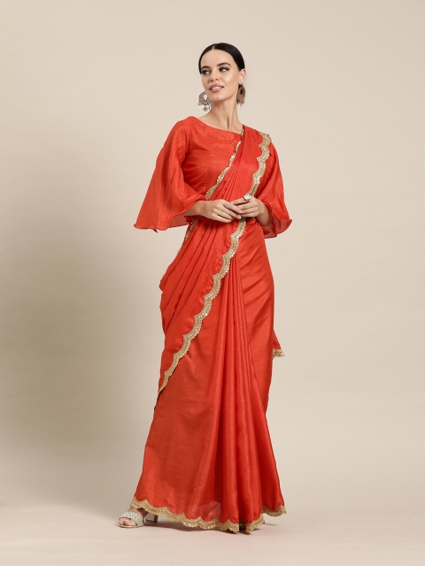 

Inddus Rust Orange Solid Silk Blend Saree with Sequinned Detail