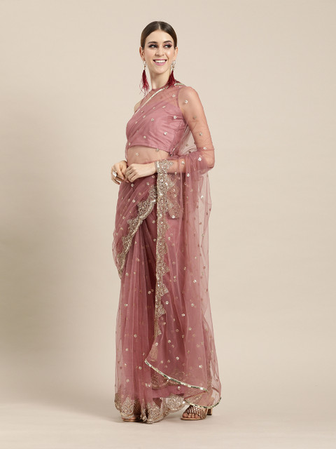 

Inddus Pink & Golden Net Embellished Saree