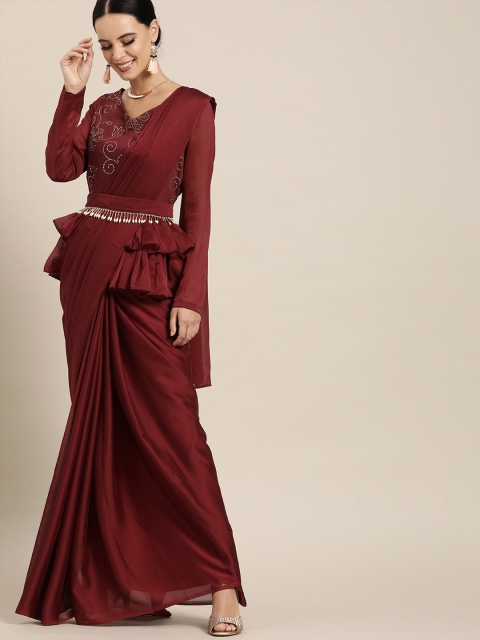 

Inddus Maroon Solid Silk Blend Fusion Saree
