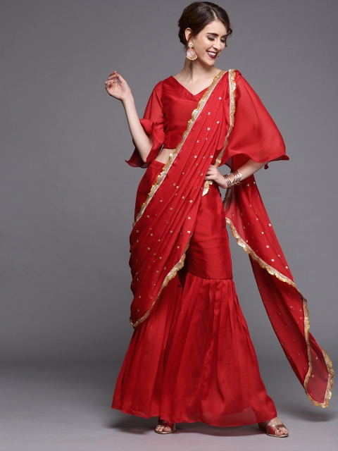 

Inddus Red Sequinned Silk Blend Sharara Fusion Saree