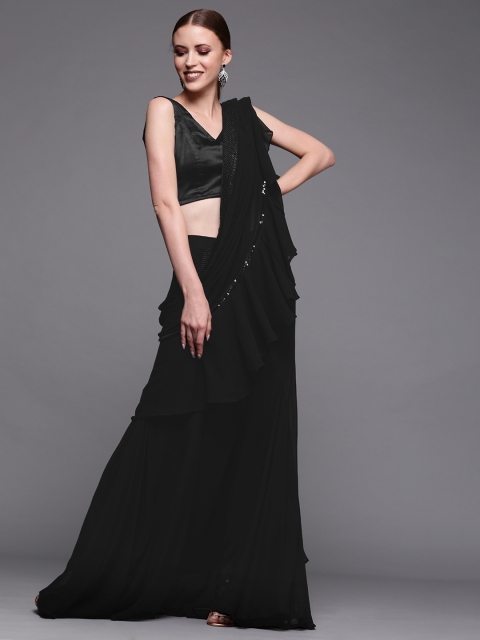 

Inddus Black Solid Poly Georgette Lehenga Saree With Sequinned Details