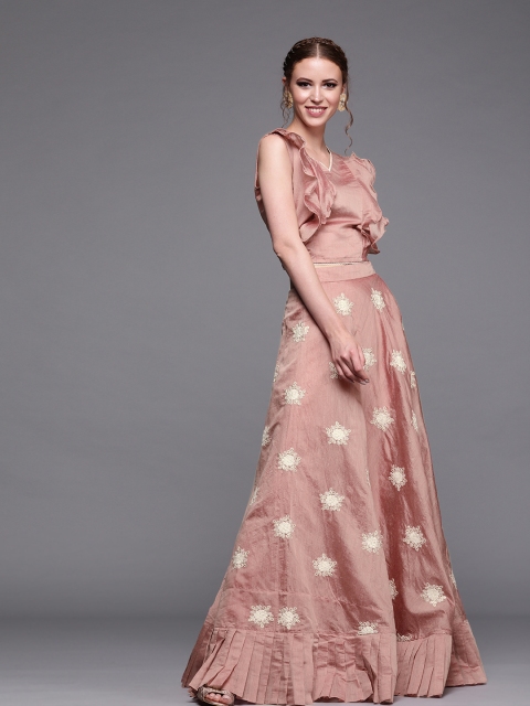 

Inddus Women Salmon Pink & White Solid Top with Skirt