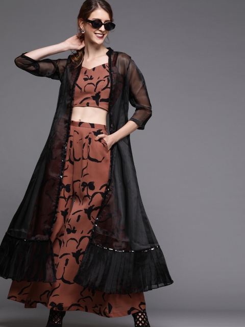 

Inddus Women Rust Brown & Black Printed Top with Palazzos & Jacket