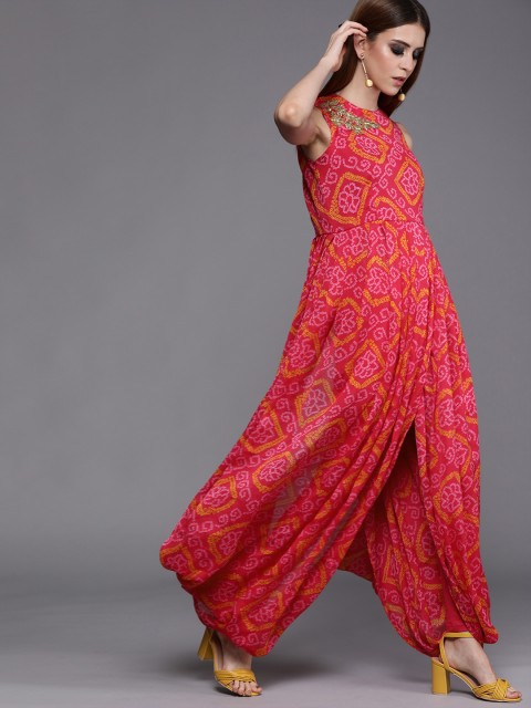 

Inddus Women Pink & Mustard Yellow Printed Georgette Bandhani Kurta with Churidar