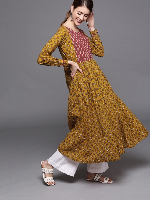 

Inddus Women Mustard Yellow & Black Block Printed A-Line Kurta