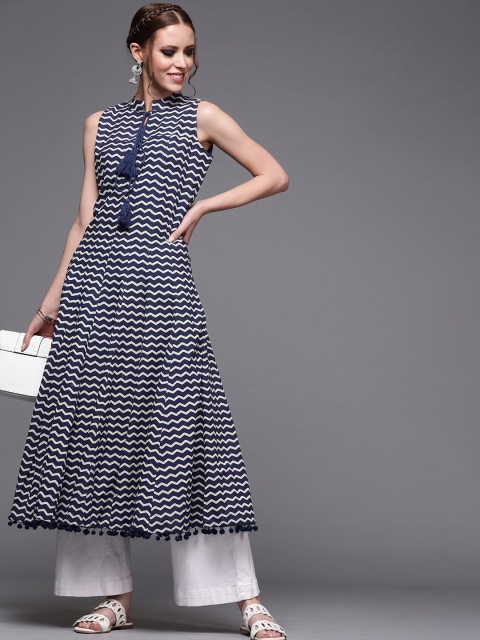 

Inddus Women Blue & White Chevron Printed A-Line Kurta With Tie-Up Detail