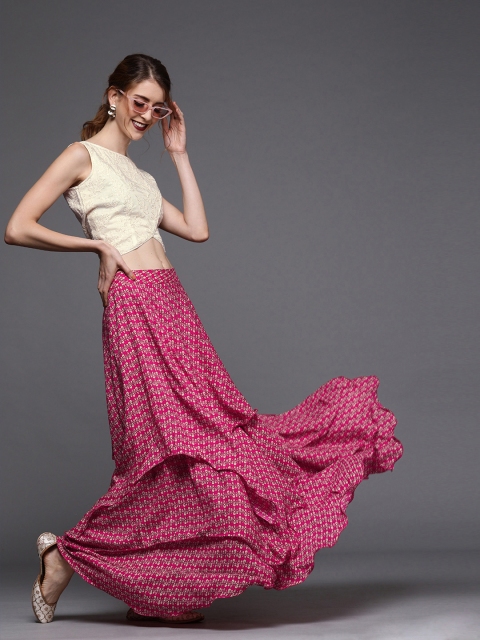 

Inddus Women Off-White & Magenta Embroidered Top with Skirt