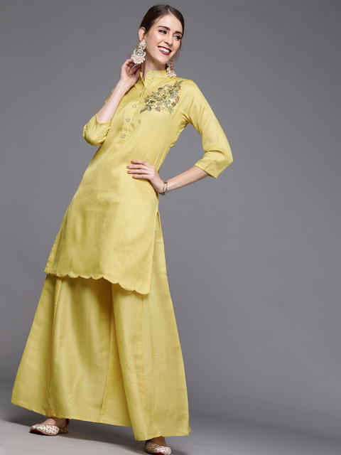 

Inddus Women Yellow Embroidered Kurta with Palazzos