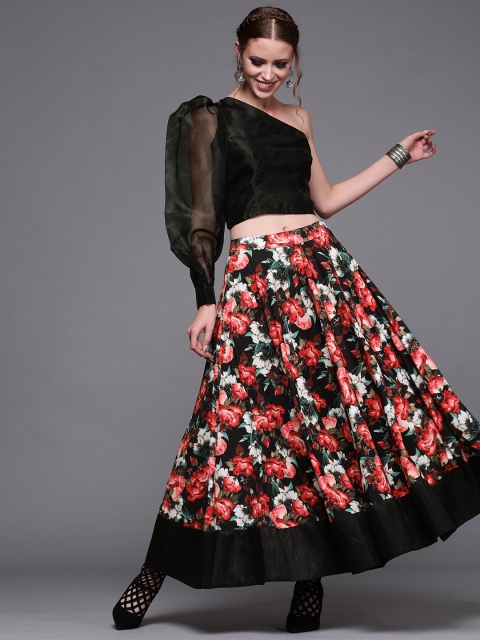 

Inddus Women Black Solid Top with Red Printed Skirt