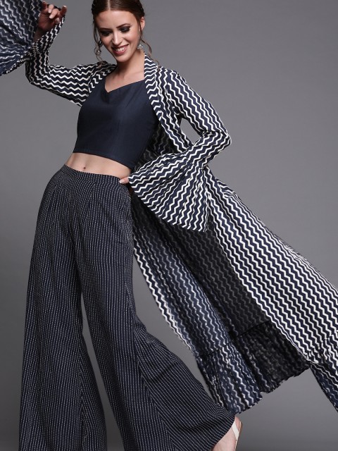 

Inddus Women Navy Blue & White Solid Top with Printed Palazzos & Jacket