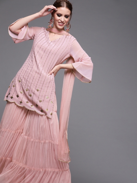 

Inddus Women Pink Georgette Embroidered Kurti with Sharara & Dupatta