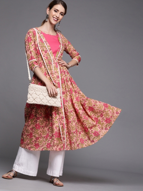 

Inddus Women Pink & Green Screen Printed A-Line Kurta