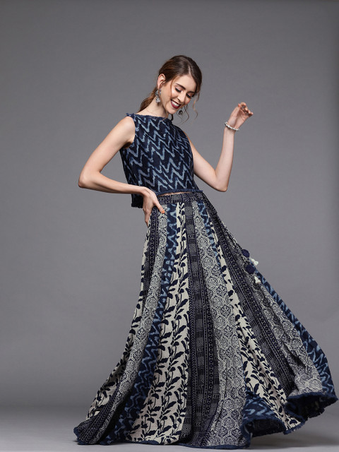 

Inddus Navy & White Printed Crop Top with Skirt, Navy blue