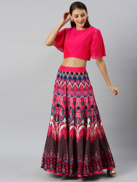 

Inddus Women Pink Solid Top with Printed Skirt
