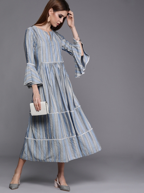 

Inddus Women Blue Striped A-Line Flared Sleeves Dress
