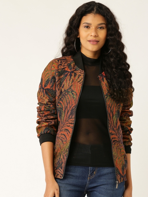 

promod Women Rust Brown & Black Self Design Bomber Jacket