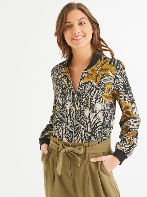 

promod Women Black Tropical Print Bomber Jacket
