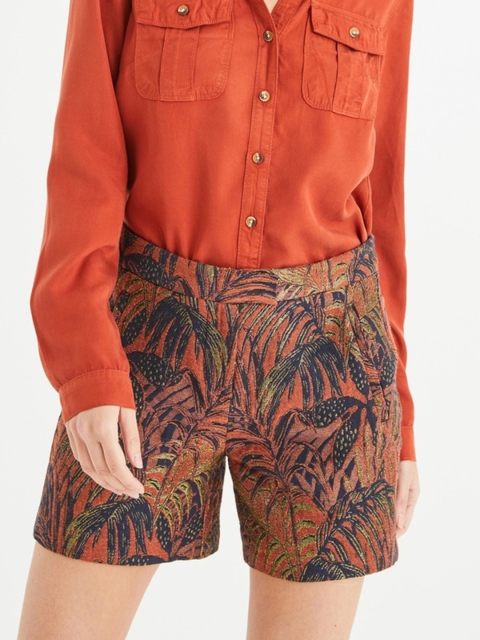 

promod Women Rust Orange & Navy Blue Woven Design Regular Fit Shorts
