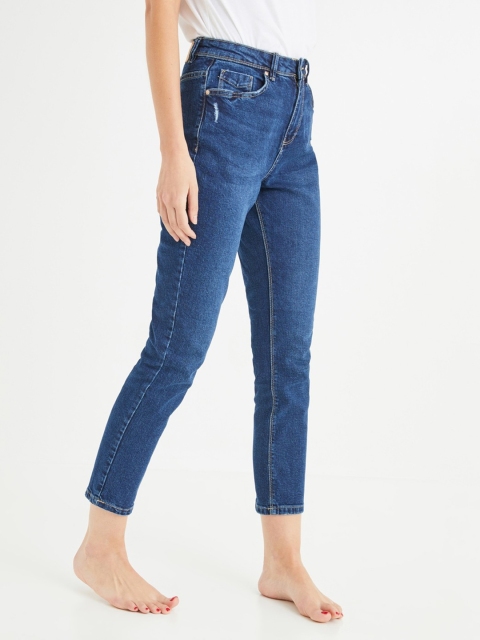 

promod Women Navy Blue Mom Fit High-Rise Low Distress Stretchable Jeans
