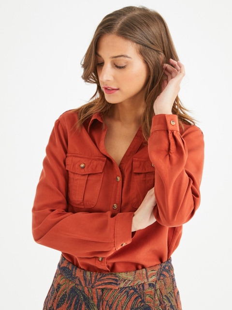 

promod Women Rust Orange Regular Fit Solid Casual Shirt