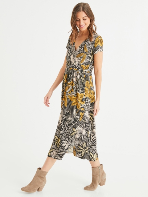 

promod Women Black & Beige Tropical Print Wrap Dress