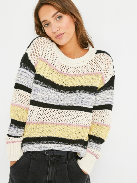 

promod Women Off-White & Yellow Open Knit Pullover Sweater